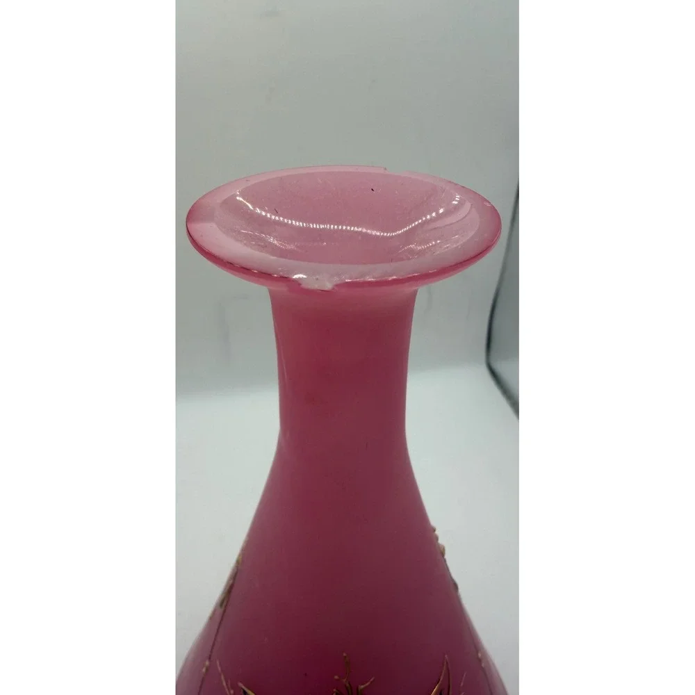 Vintage Pink‎ Satin Frosted Glass Vase Hand Painted Gold Floral Enamel 8.5 Inch
